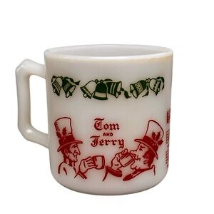 Hazel-Atlas Tom & Jerry “Auld Lang Syne” Milk Glass Mug Red Green Holiday 1950s